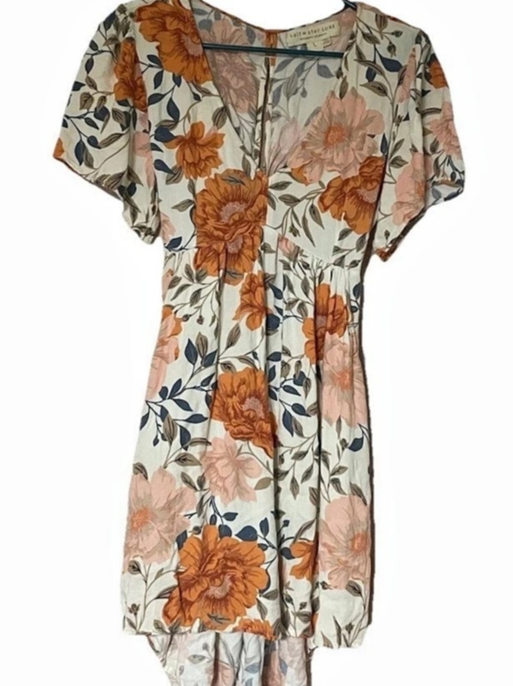 saltwater luxe Floral Mini Dress, Cut Out Back, Size Large Like New Beachy